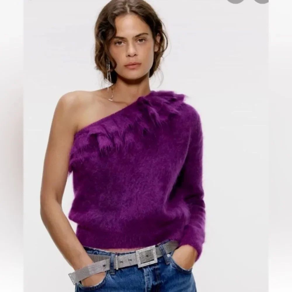 🎉5 for $45🎉 Zara Womens Sweater Sz S Purple Ruffle Mohair One Shoulder Sleeve